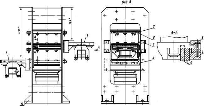 ГОСТ 22655-77 Устройство для выдвижения и разгрузки стационарных двухкассетных пресс-форм. Основные и присоединительные размеры (с Изменением N 1)