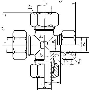 ГОСТ 24087-80 Соединения трубопроводов с врезающимся кольцом крестовые проходные. Конструкция (с Изменением N 1)