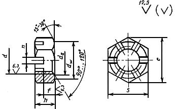 ГОСТ 5919-73 Гайки шестигранные прорезные и корончатые низкие класса точности В. Конструкция и размеры (с Изменениями  N 1-5)