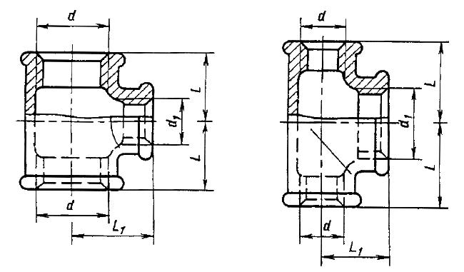 ГОСТ 8949-75 Соединительные части из ковкого чугуна с цилиндрической резьбой для трубопроводов. Тройники переходные. Основные размеры (с Изменениями N 1, 2)